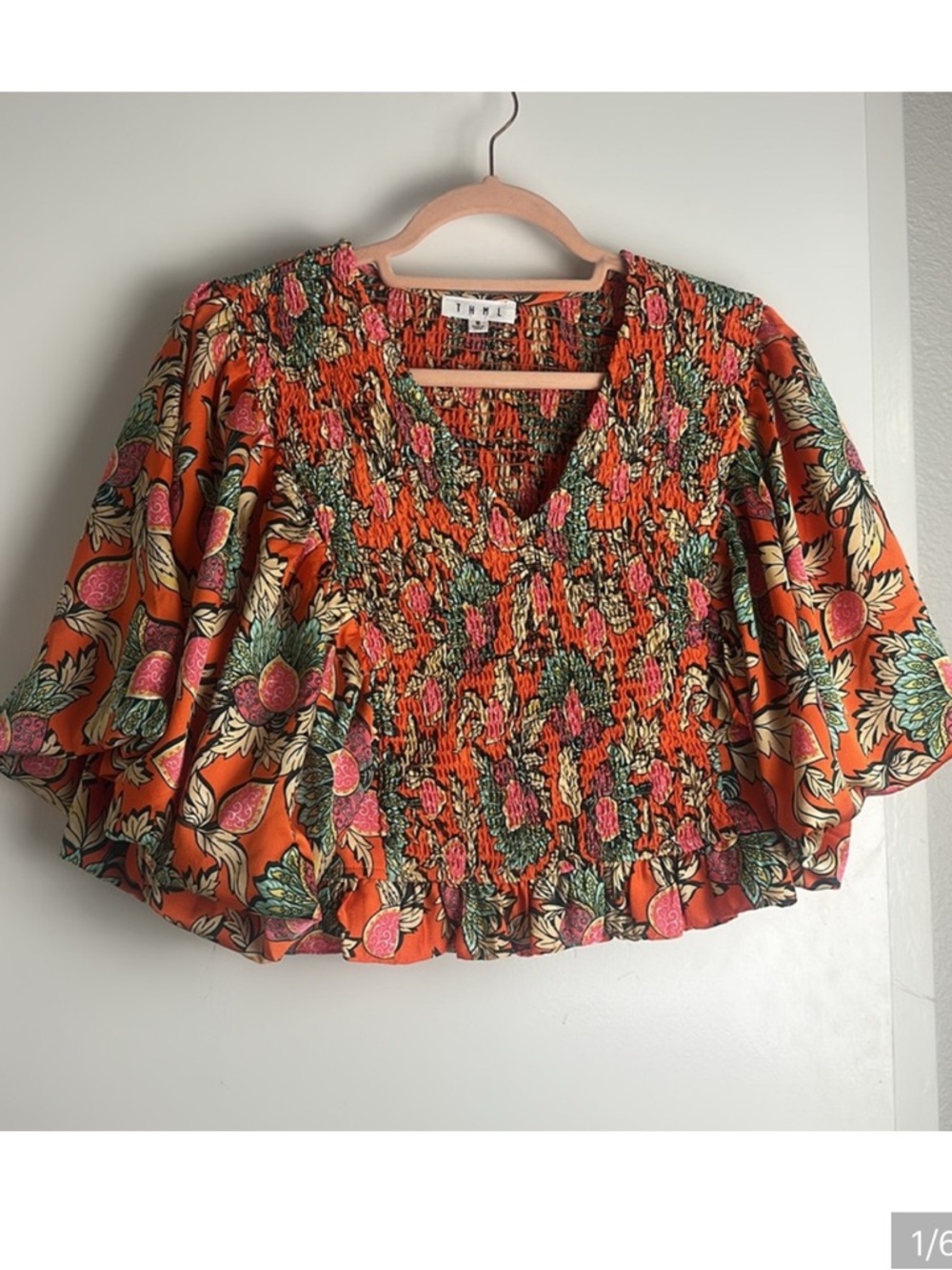 Boutique orange tropical ruched crop top vacation resort style summer blouse